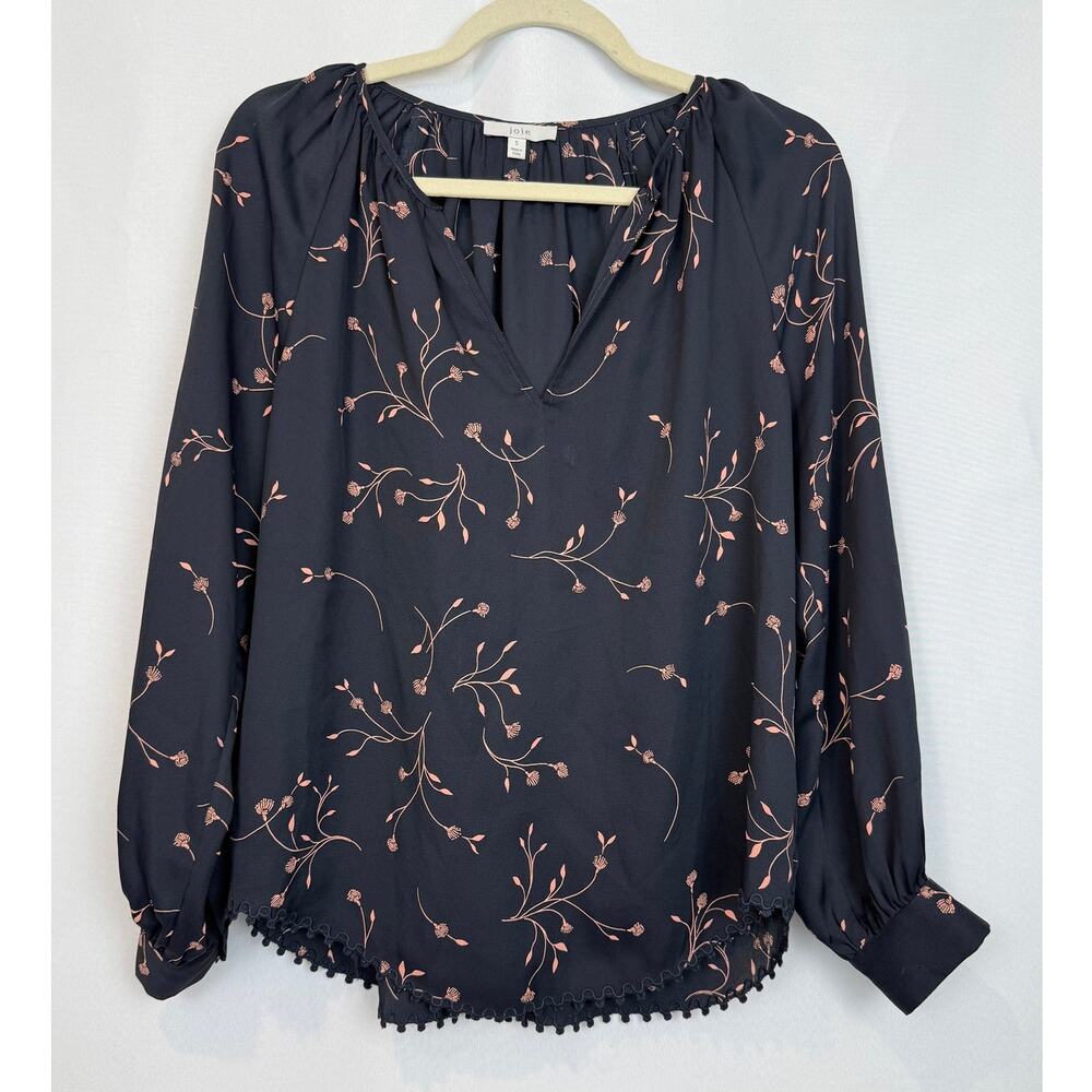 Joie Black Blush Botanical Print Blouse Pom Pom Trim Balloon Sleeve Size S